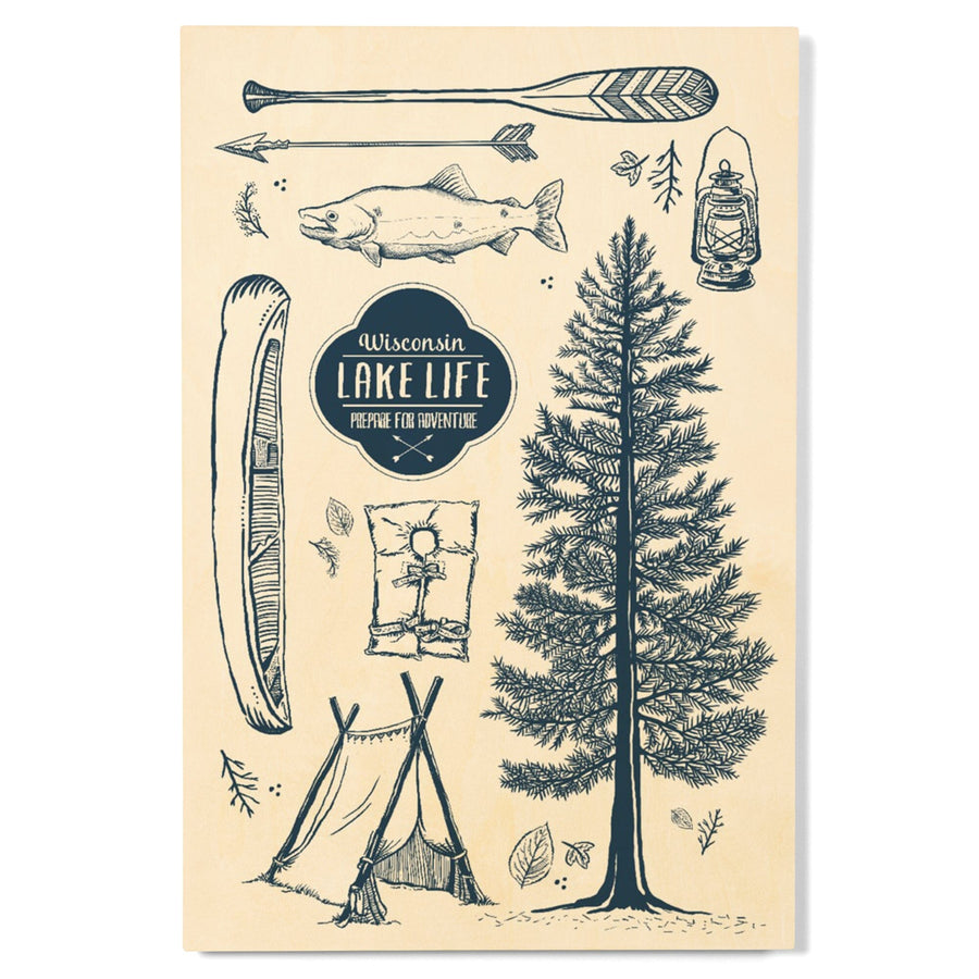 Wisconsin, The Lake Life, Lake Collage, Lantern Press Artwork, Wood Signs and Postcards Wood Lantern Press