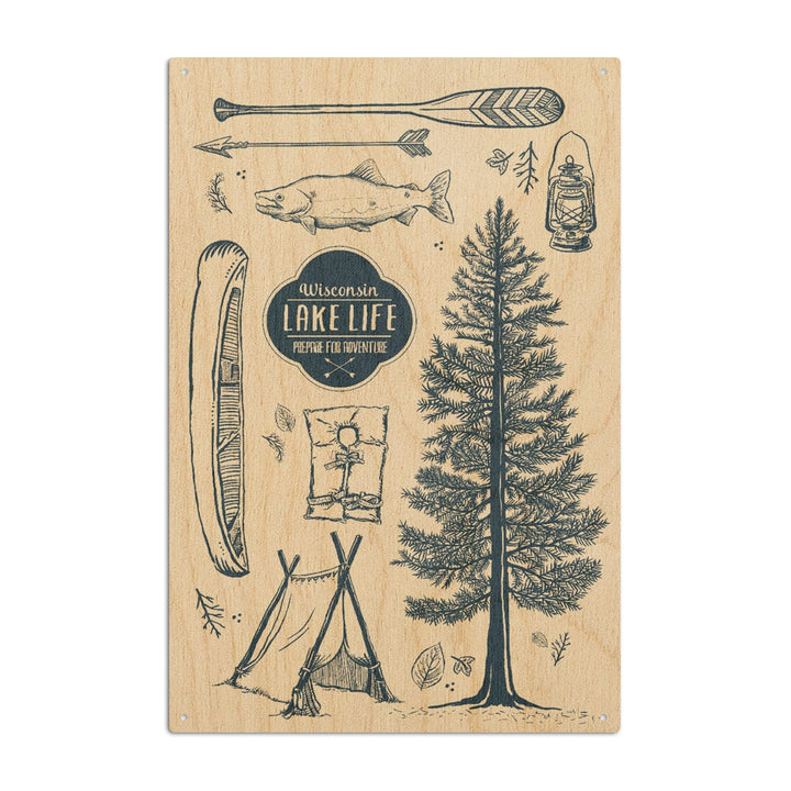 Wisconsin, The Lake Life, Lake Collage, Lantern Press Artwork, Wood Signs and Postcards Wood Lantern Press 6x9 Wood Sign