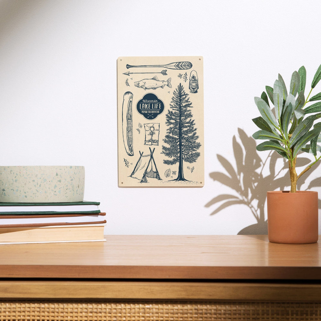 Wisconsin, The Lake Life, Lake Collage, Lantern Press Artwork, Wood Signs and Postcards Wood Lantern Press