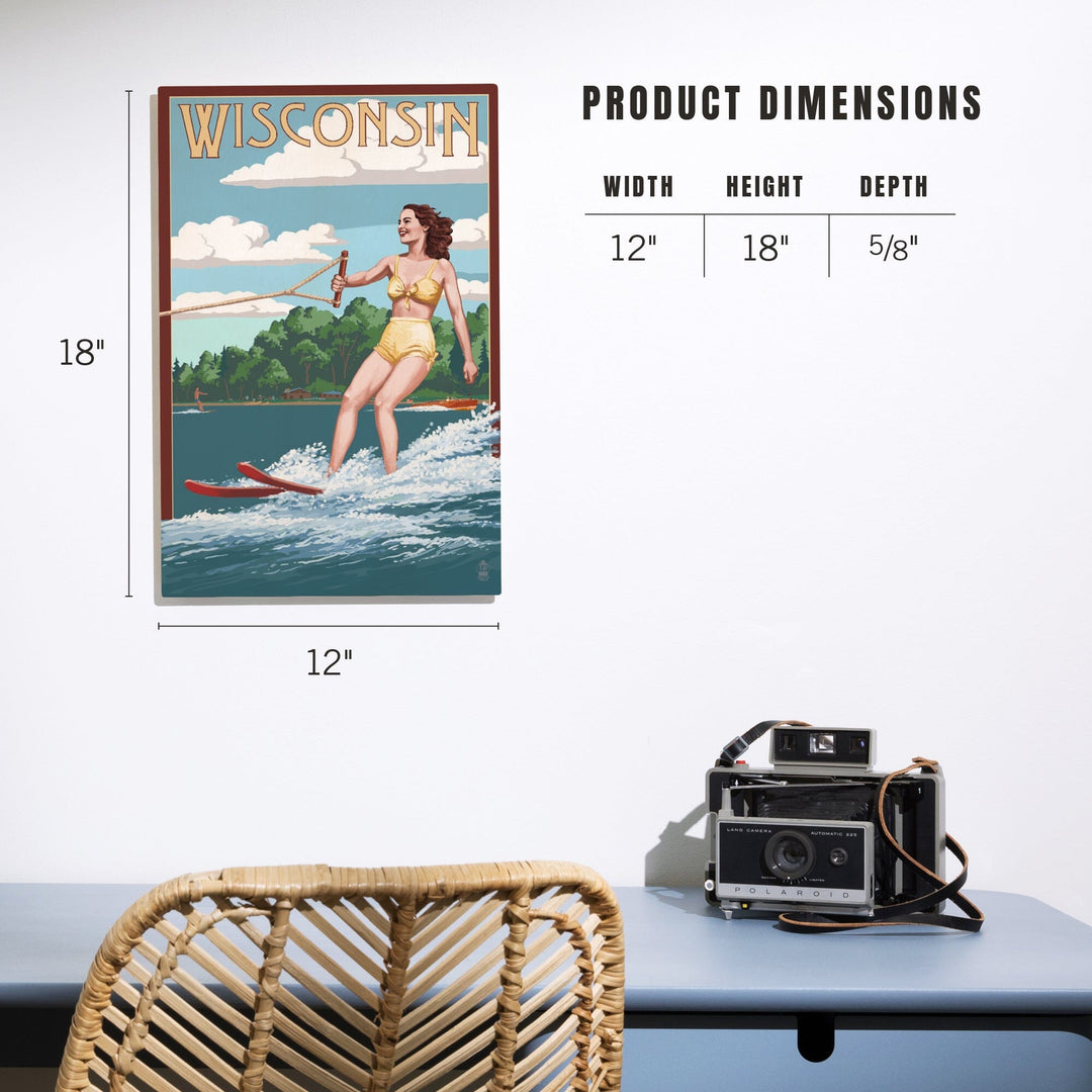 Wisconsin, Water Skier & Lake, Lantern Press Artwork, Wood Signs and Postcards Wood Lantern Press