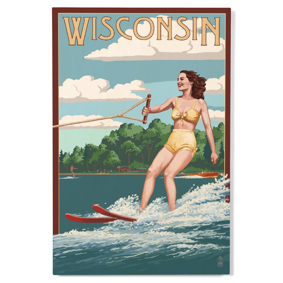 Wisconsin, Water Skier & Lake, Lantern Press Artwork, Wood Signs and Postcards Wood Lantern Press