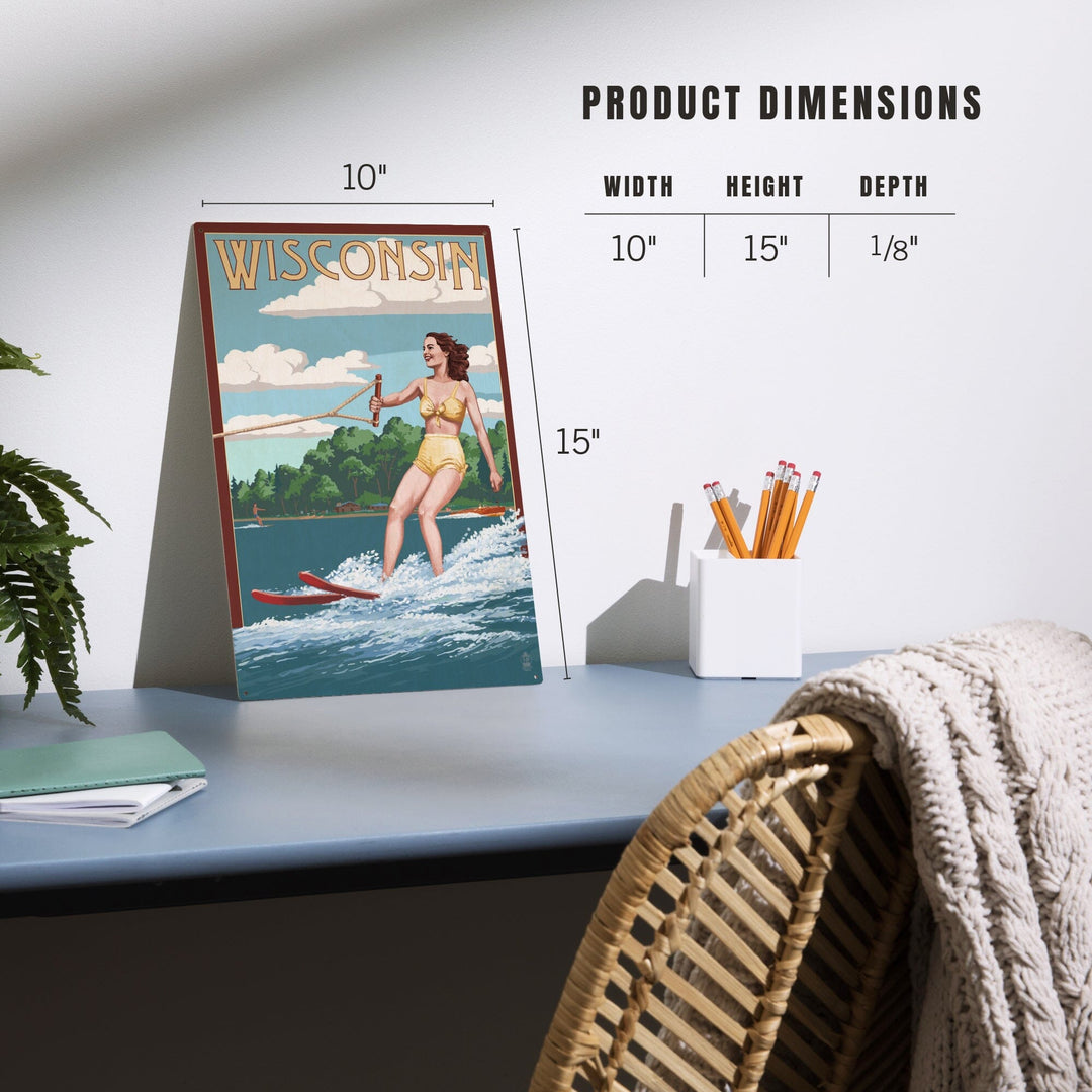 Wisconsin, Water Skier & Lake, Lantern Press Artwork, Wood Signs and Postcards Wood Lantern Press