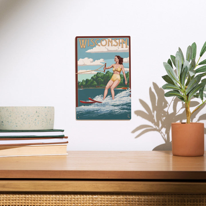Wisconsin, Water Skier & Lake, Lantern Press Artwork, Wood Signs and Postcards Wood Lantern Press