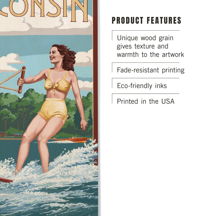 Wisconsin, Water Skier & Lake, Lantern Press Artwork, Wood Signs and Postcards Wood Lantern Press