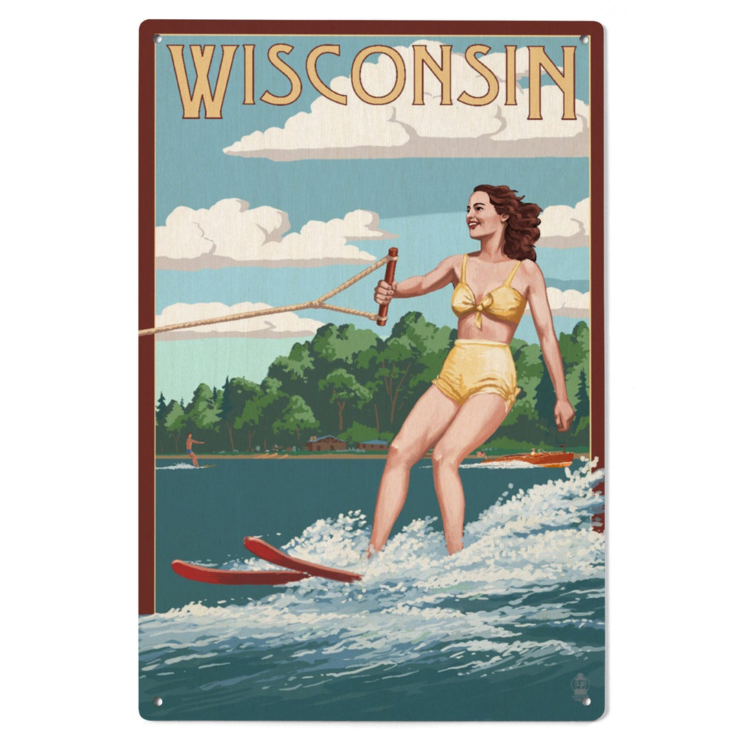 Wisconsin, Water Skier & Lake, Lantern Press Artwork, Wood Signs and Postcards Wood Lantern Press