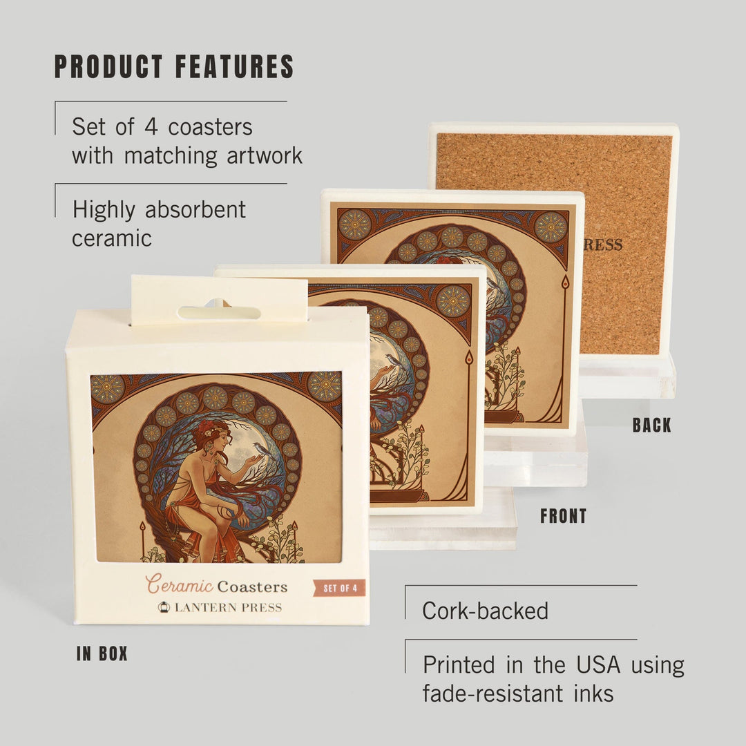 Woman and Bird, Art Nouveau, Coasters Coasters Lantern Press