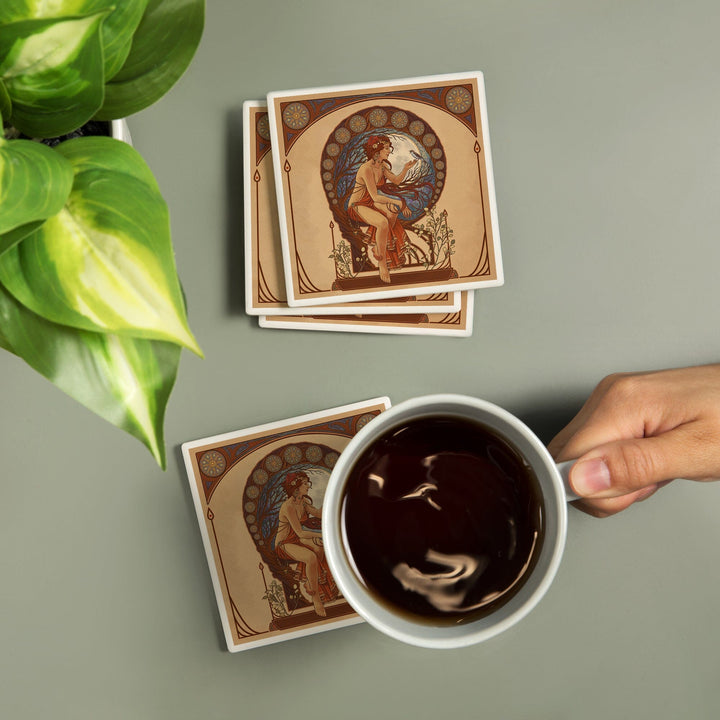 Woman and Bird, Art Nouveau, Coasters Coasters Lantern Press
