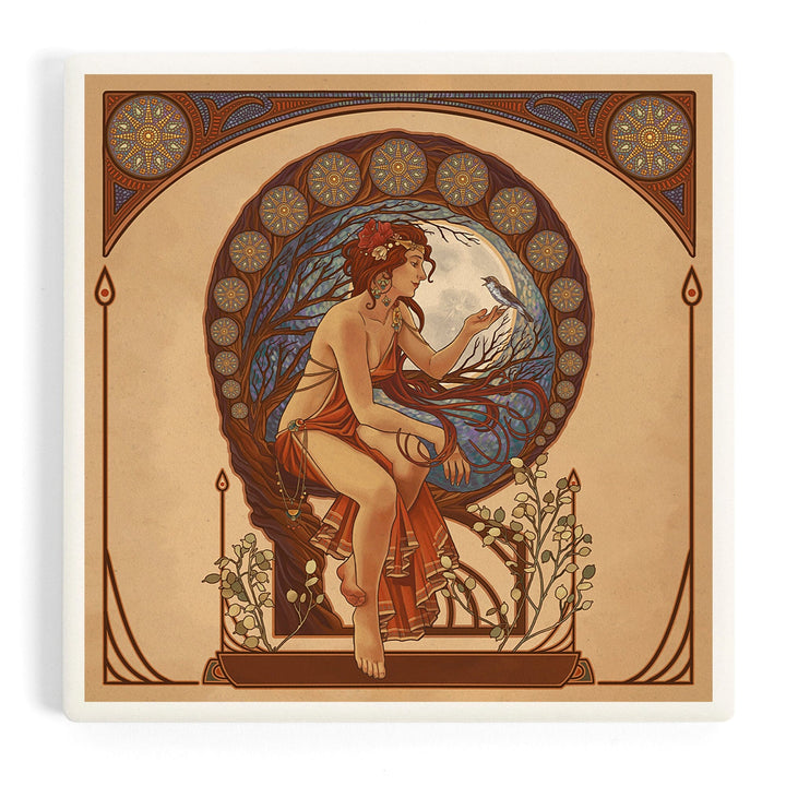 Woman and Bird, Art Nouveau, Coasters Coasters Lantern Press Coaster