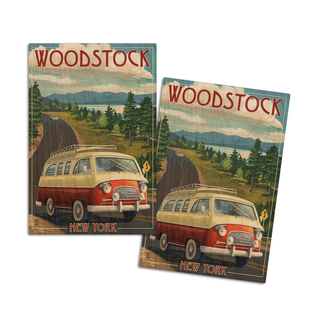 Woodstock, New York, Camper Van, Lantern Press Artwork, Wood Signs and Postcards Wood Lantern Press 4x6 Wood Postcard Set