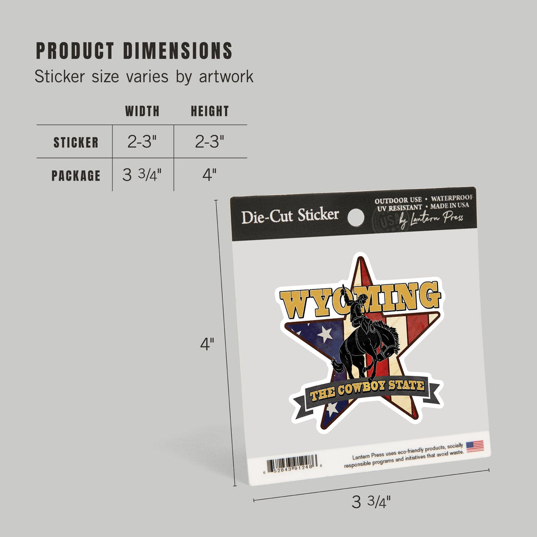 Wyoming, Bucking Bronco with Star & Flag, Contour, Lantern Press Artwork, Vinyl Sticker Sticker Lantern Press