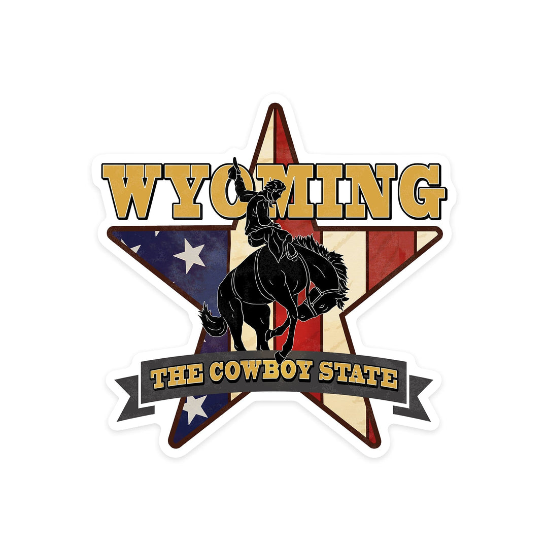 Wyoming, Bucking Bronco with Star & Flag, Contour, Lantern Press Artwork, Vinyl Sticker Sticker Lantern Press