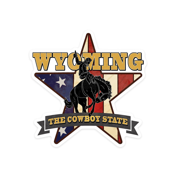 Wyoming, Bucking Bronco with Star & Flag, Contour, Lantern Press Artwork, Vinyl Sticker Sticker Lantern Press