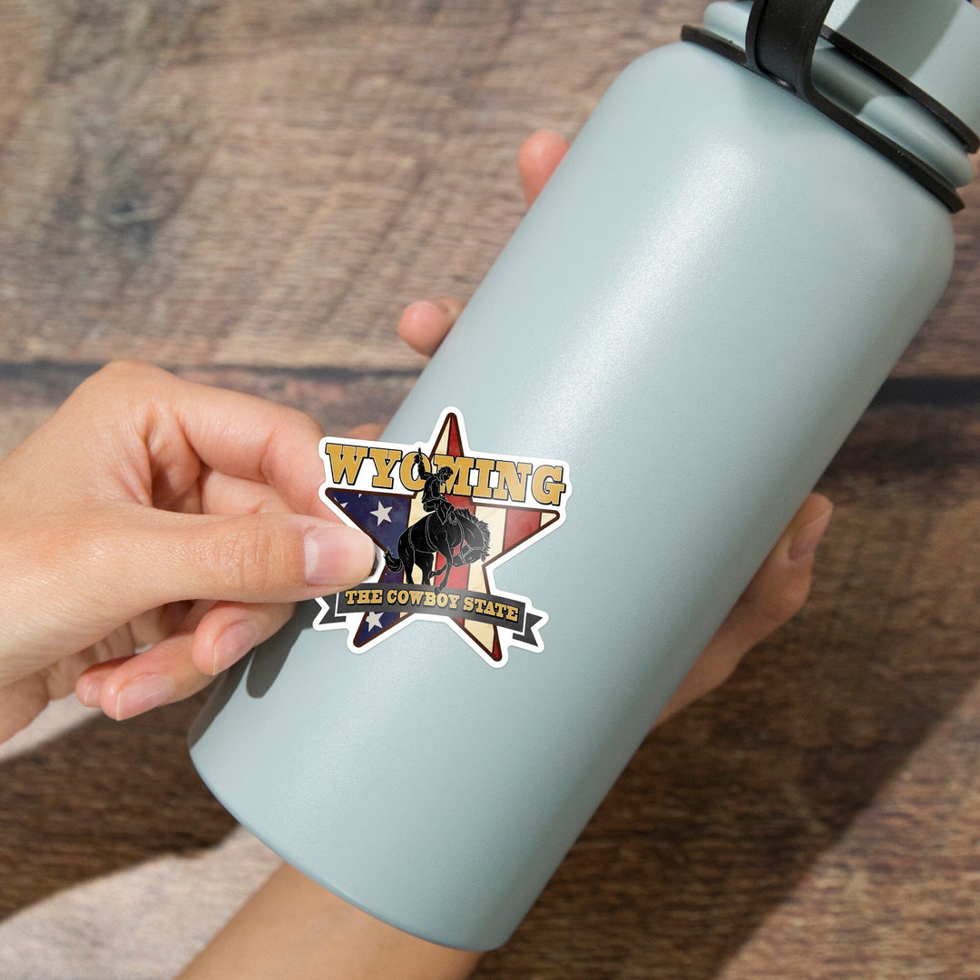 Wyoming, Bucking Bronco with Star & Flag, Contour, Lantern Press Artwork, Vinyl Sticker Sticker Lantern Press