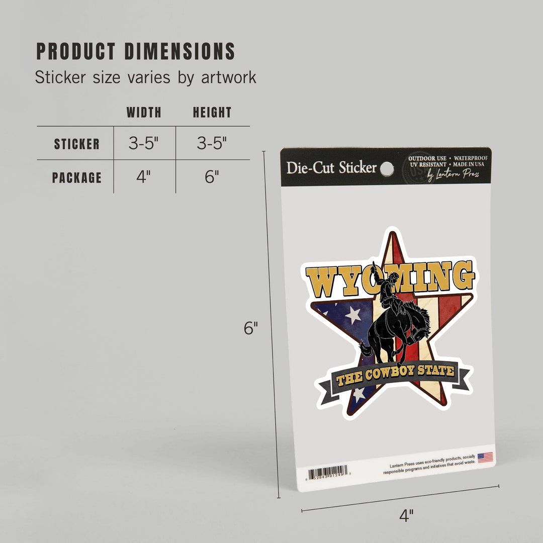 Wyoming, Bucking Bronco with Star & Flag, Contour, Lantern Press Artwork, Vinyl Sticker Sticker Lantern Press