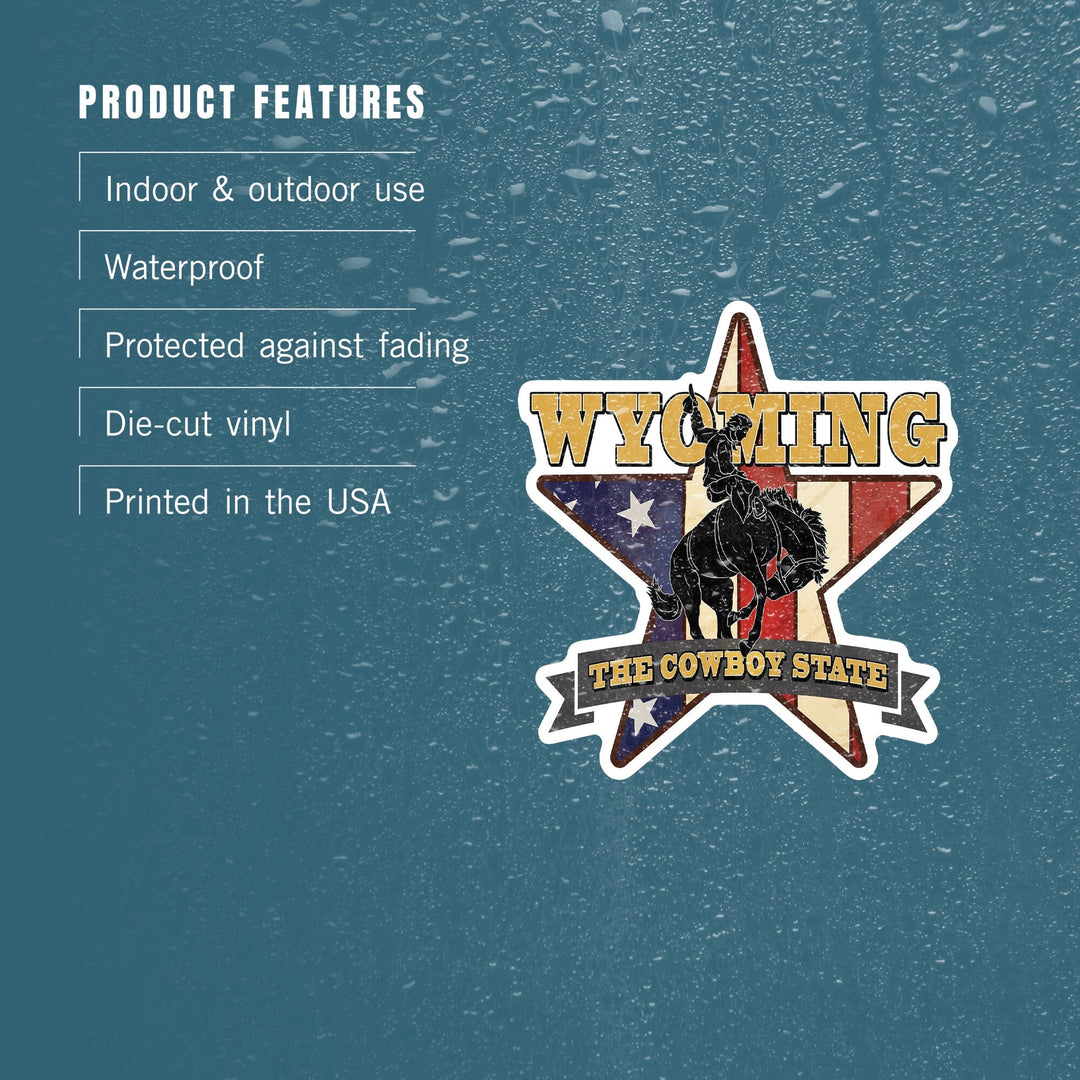 Wyoming, Bucking Bronco with Star & Flag, Contour, Lantern Press Artwork, Vinyl Sticker Sticker Lantern Press