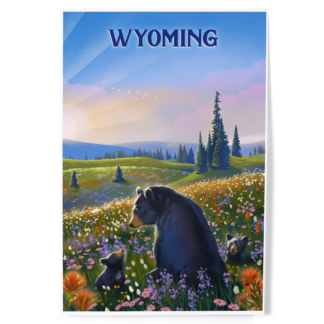 Wyoming, Lithograph, Bear Family in Field, Art & Giclee Prints Art Lantern Press 12 x 18 Art Print
