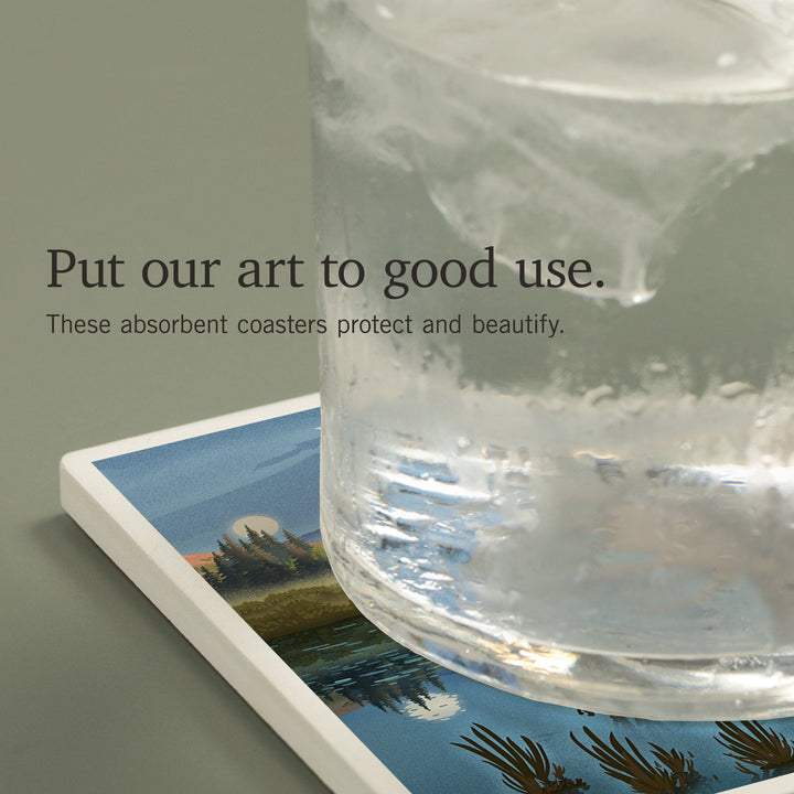 Wyoming, Lithograph, Reflection Pond and Bull Moose, Coasters Coasters Lantern Press