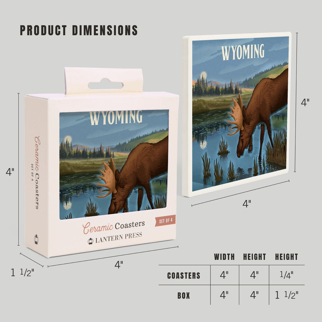 Wyoming, Lithograph, Reflection Pond and Bull Moose, Coasters Coasters Lantern Press