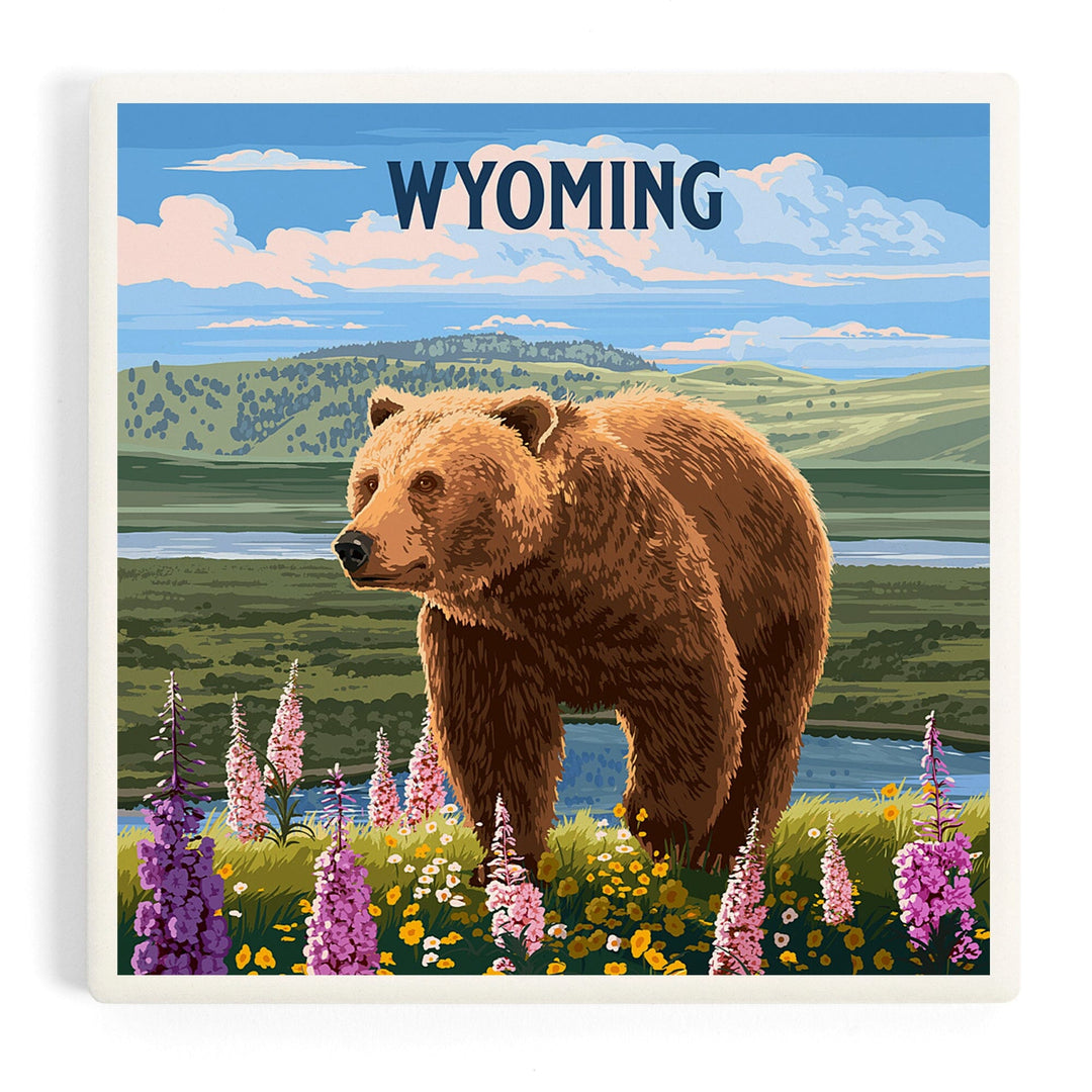 Wyoming, Painterly, Grizzly Bear in Meadow, Coasters Coasters Lantern Press Coaster