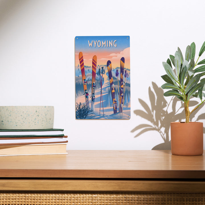 Wyoming, Prepare for Takeoff, Skis in Snowbank, Wood Signs and Postcards Wood Lantern Press