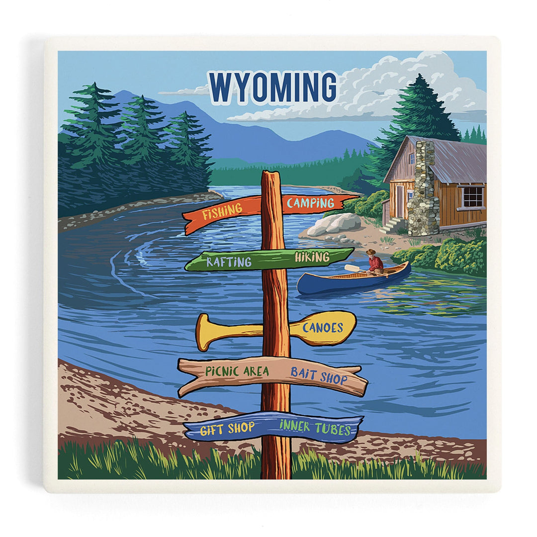 Wyoming, Signpost, River, Coasters Coasters Lantern Press Coaster