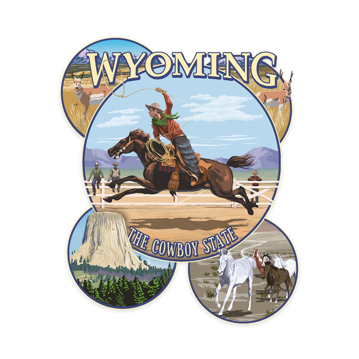 Wyoming, The Cowboy State, Sites and Rodeo Montage, Contour, Vinyl Sticker Sticker Lantern Press