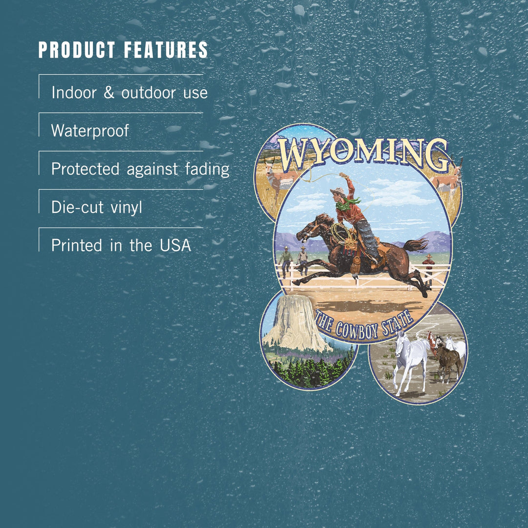 Wyoming, The Cowboy State, Sites and Rodeo Montage, Contour, Vinyl Sticker Sticker Lantern Press