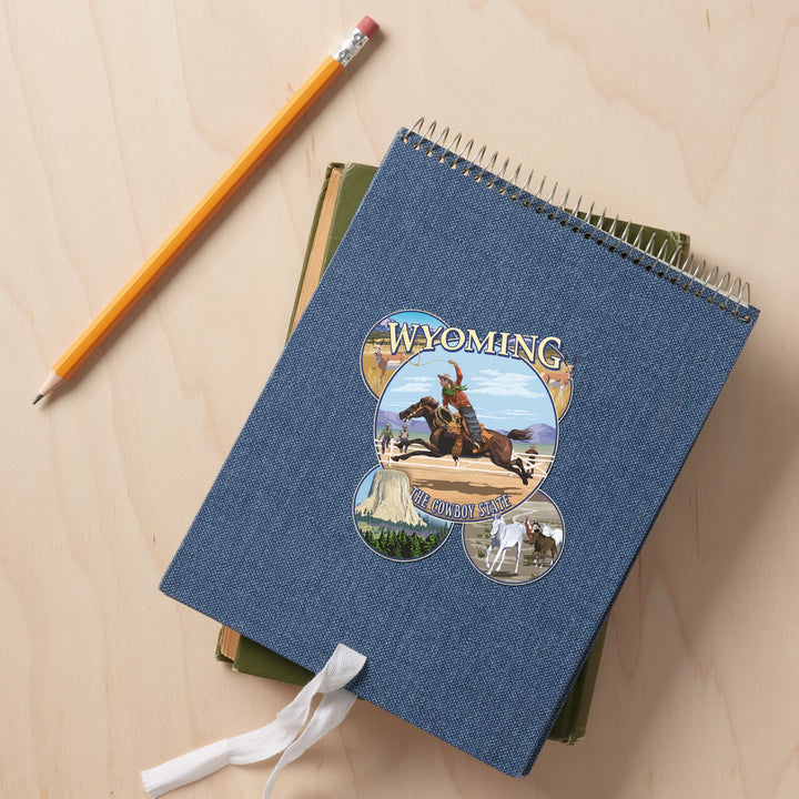 Wyoming, The Cowboy State, Sites and Rodeo Montage, Contour, Vinyl Sticker Sticker Lantern Press