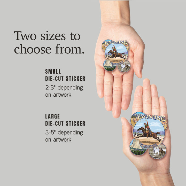 Wyoming, The Cowboy State, Sites and Rodeo Montage, Contour, Vinyl Sticker Sticker Lantern Press