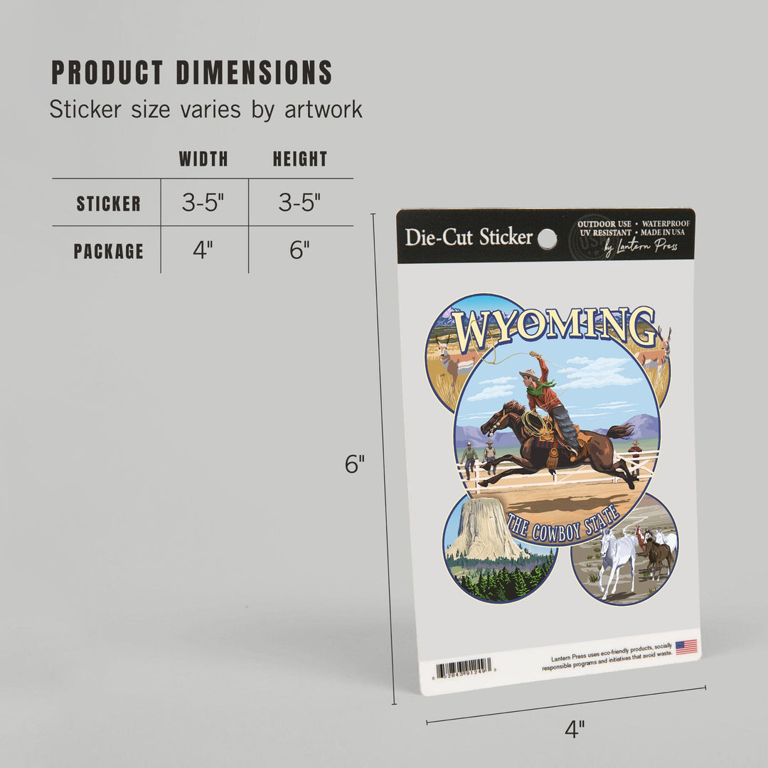 Wyoming, The Cowboy State, Sites and Rodeo Montage, Contour, Vinyl Sticker Sticker Lantern Press