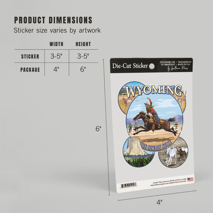 Wyoming, The Cowboy State, Sites and Rodeo Montage, Contour, Vinyl Sticker Sticker Lantern Press