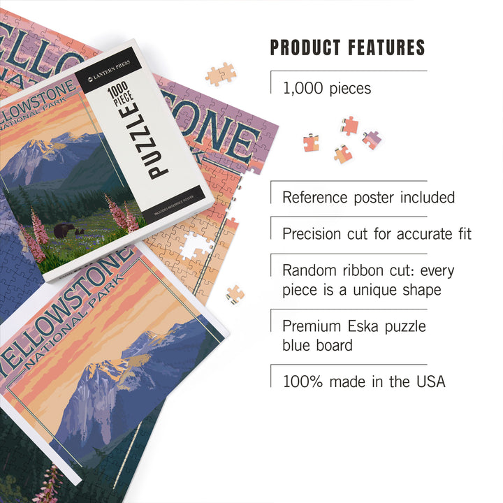 Yellowstone National Park, Bear and Spring Flowers, Jigsaw Puzzle Puzzle Lantern Press