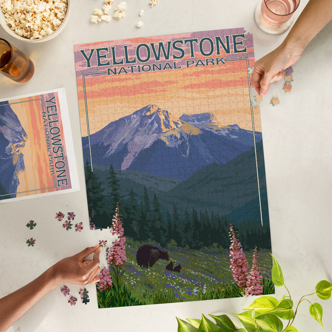 Yellowstone National Park, Bear and Spring Flowers, Jigsaw Puzzle Puzzle Lantern Press
