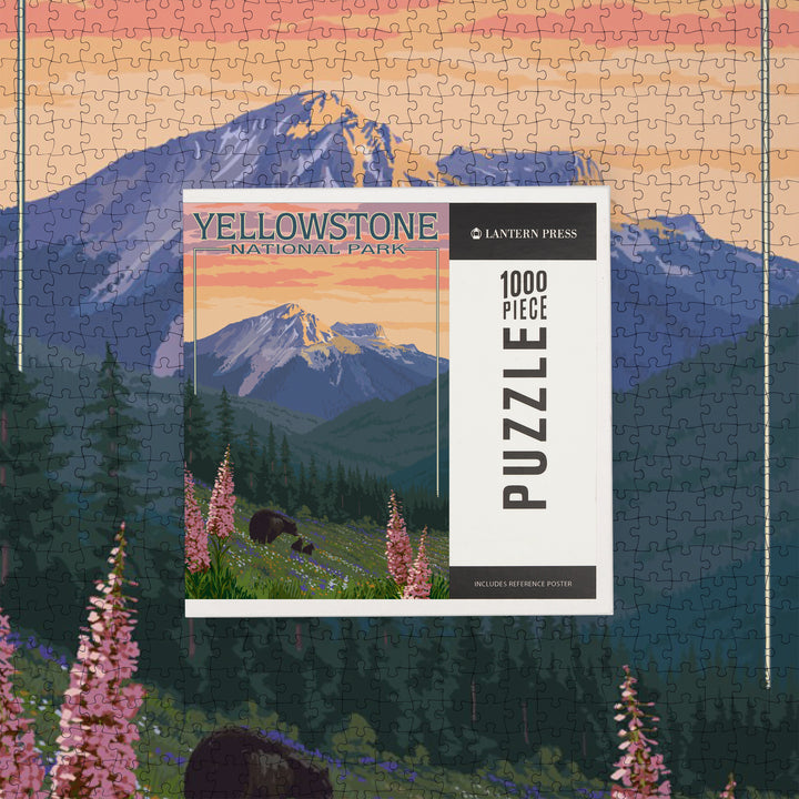 Yellowstone National Park, Bear and Spring Flowers, Jigsaw Puzzle Puzzle Lantern Press