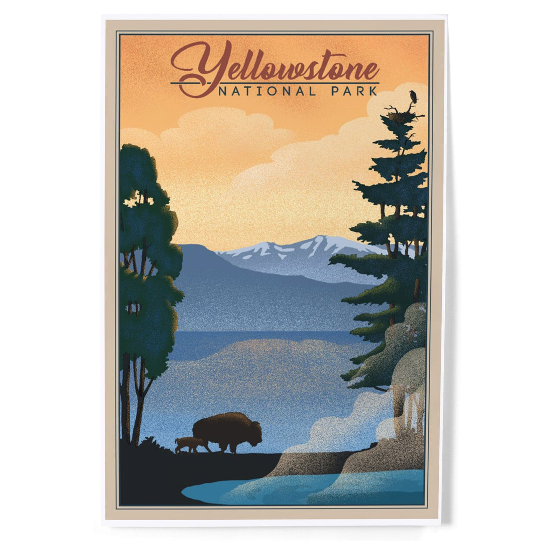 Yellowstone National Park, Bison and Lake, Lithograph National Park Series, Art & Giclee Prints Art Lantern Press