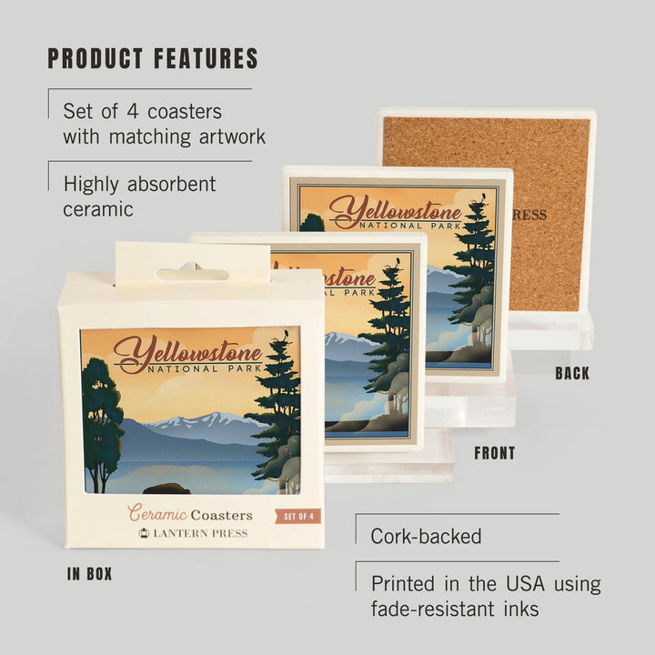 Yellowstone National Park, Bison and Lake, Lithograph National Park Series, Coasters Coasters Lantern Press
