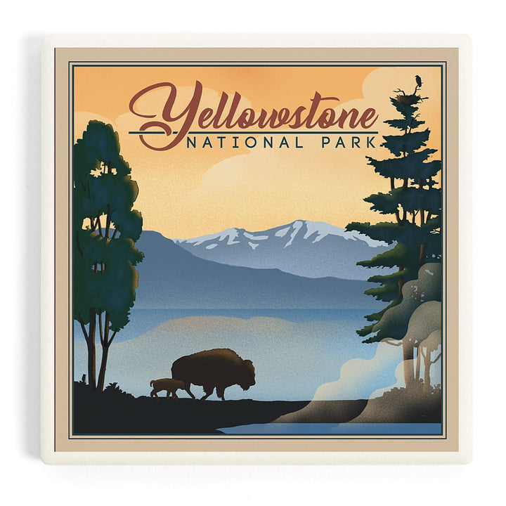 Yellowstone National Park, Bison and Lake, Lithograph National Park Series, Coasters Coasters Lantern Press