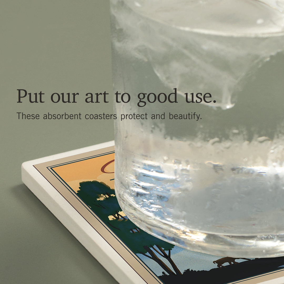 Yellowstone National Park, Bison and Lake, Lithograph National Park Series, Coasters Coasters Lantern Press