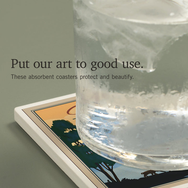 Yellowstone National Park, Bison and Lake, Lithograph National Park Series, Coasters Coasters Lantern Press