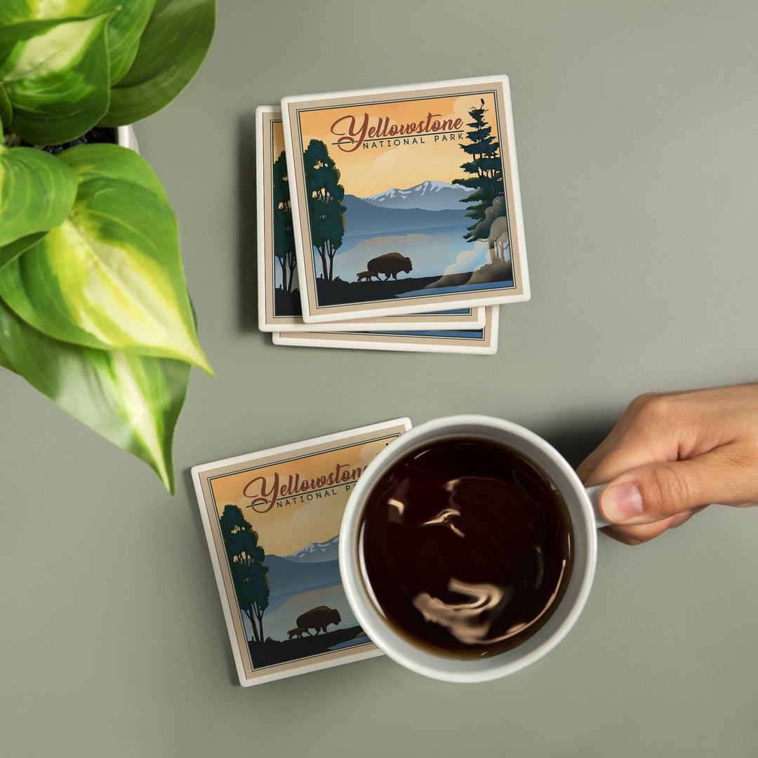 Yellowstone National Park, Bison and Lake, Lithograph National Park Series, Coasters Coasters Lantern Press