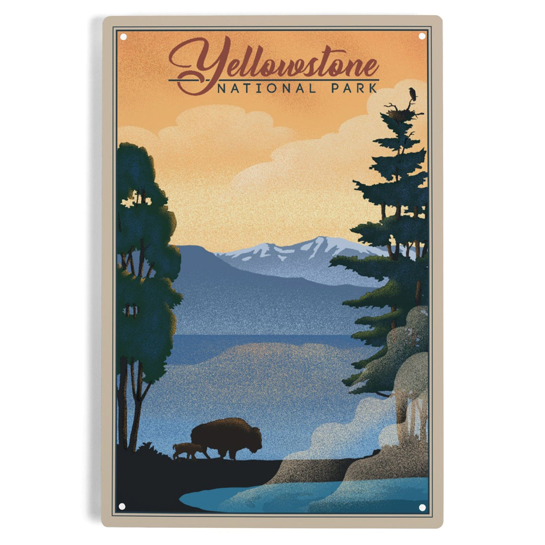 Yellowstone National Park, Bison and Lake, Lithograph National Park Series, Metal Signs Metal Lantern Press