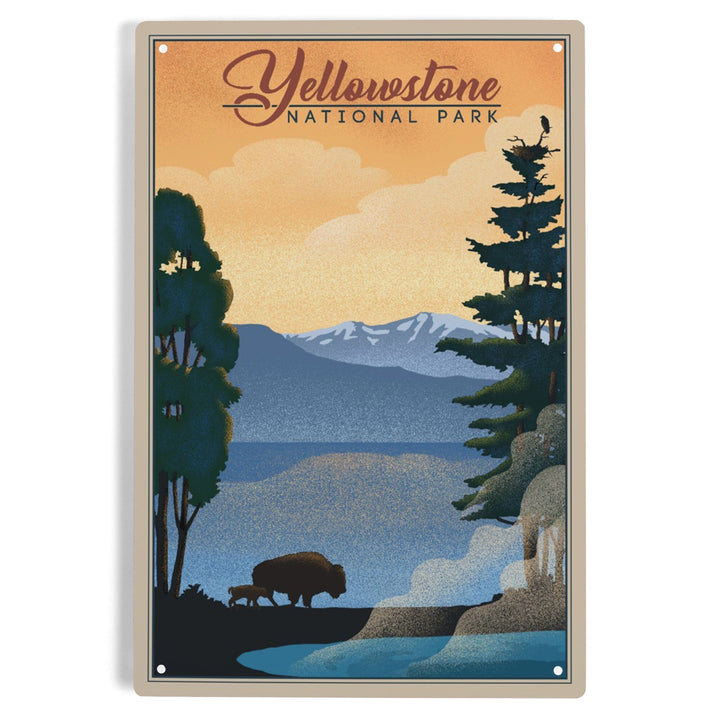 Yellowstone National Park, Bison and Lake, Lithograph National Park Series, Metal Signs Metal Lantern Press