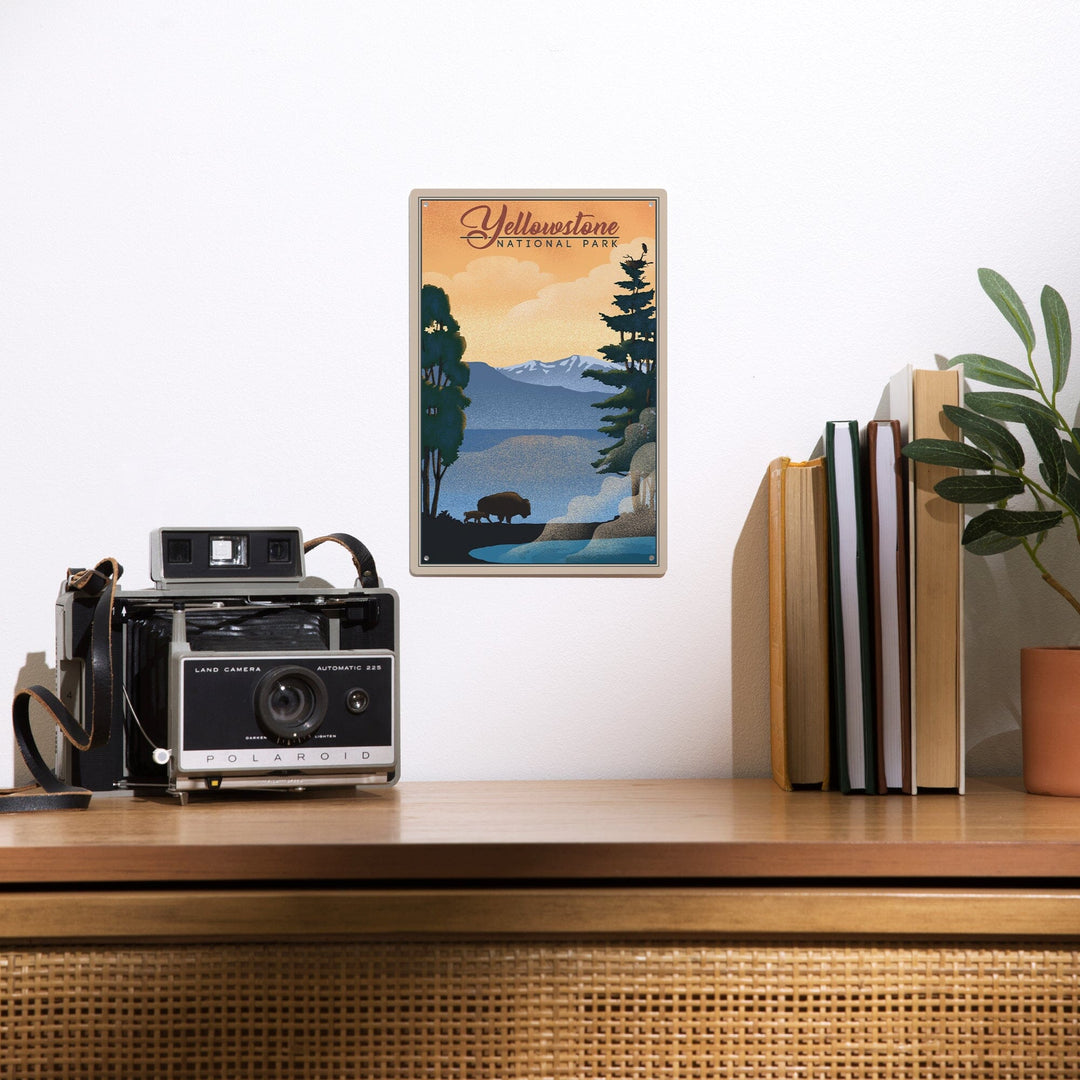 Yellowstone National Park, Bison and Lake, Lithograph National Park Series, Metal Signs Metal Lantern Press