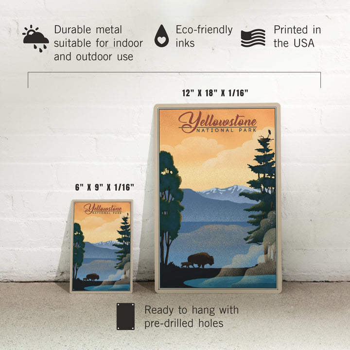 Yellowstone National Park, Bison and Lake, Lithograph National Park Series, Metal Signs Metal Lantern Press