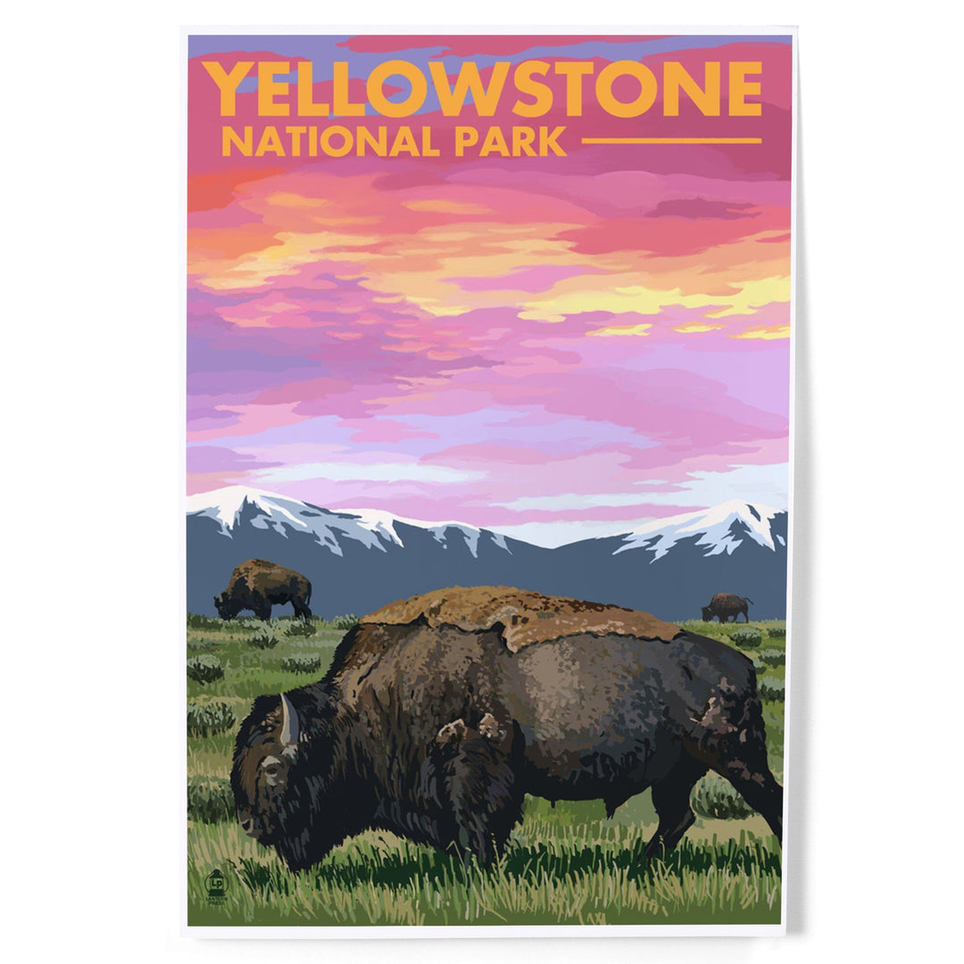 Yellowstone National Park, Bison and Sunset, Art & Giclee Prints Art Lantern Press 12 x 18 Art Print