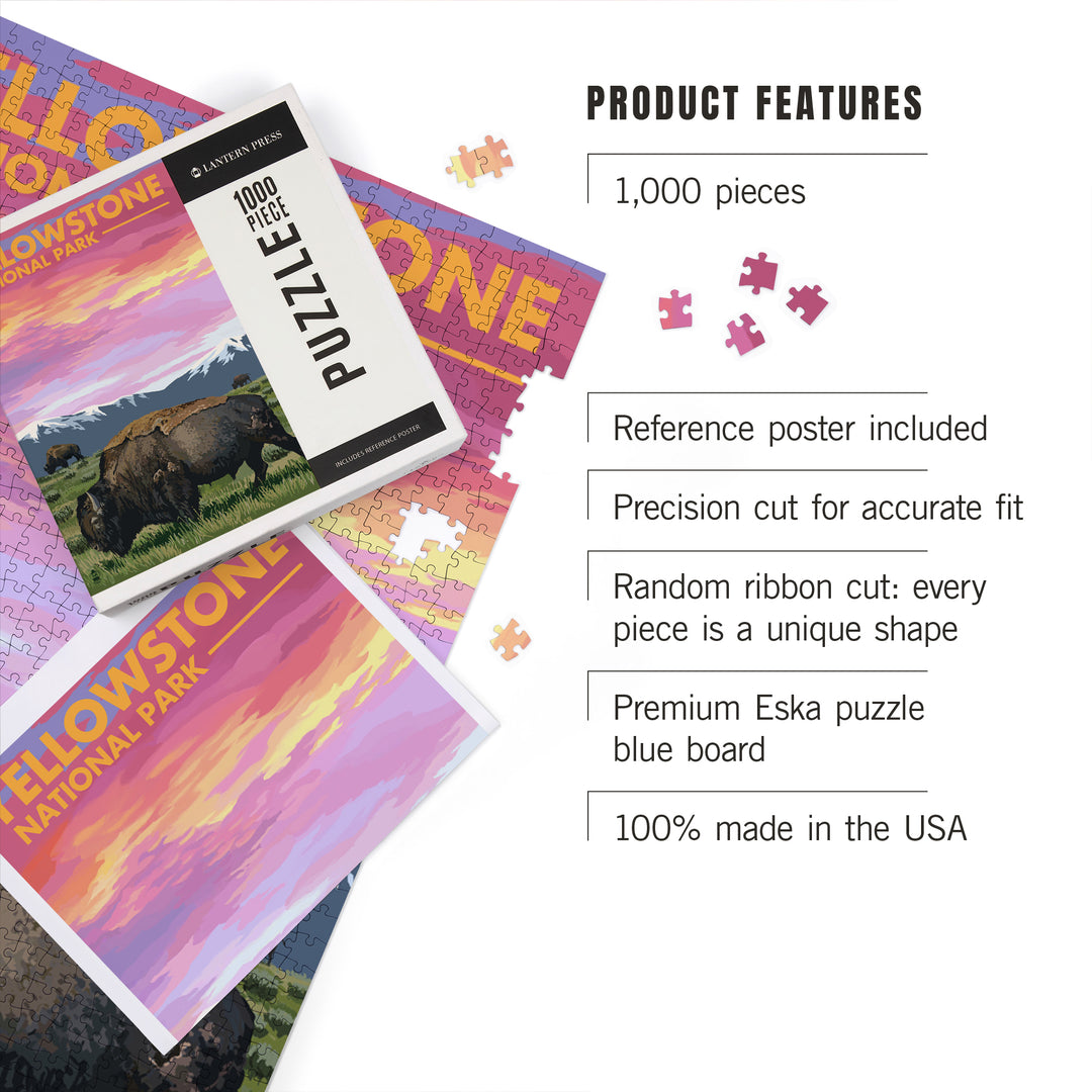 Yellowstone National Park, Bison and Sunset, Jigsaw Puzzle Puzzle Lantern Press