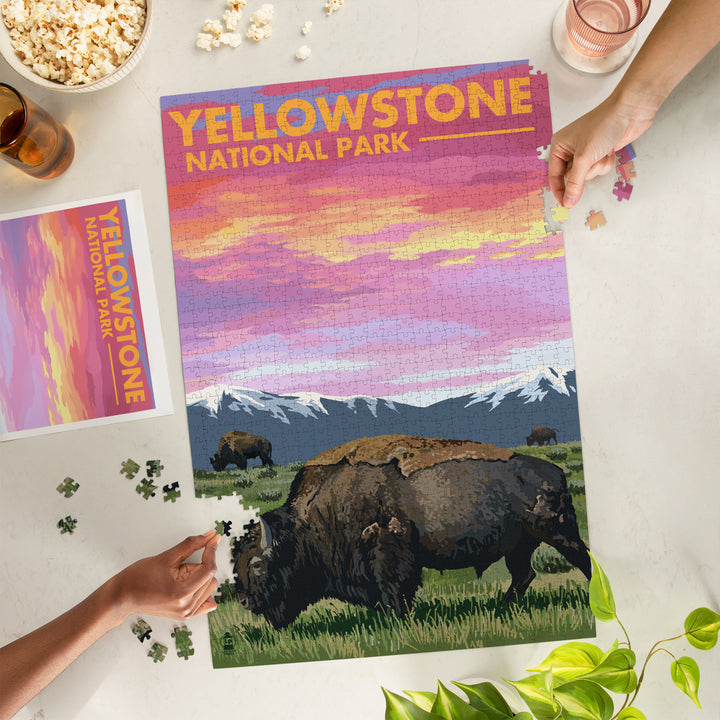 Yellowstone National Park, Bison and Sunset, Jigsaw Puzzle Puzzle Lantern Press