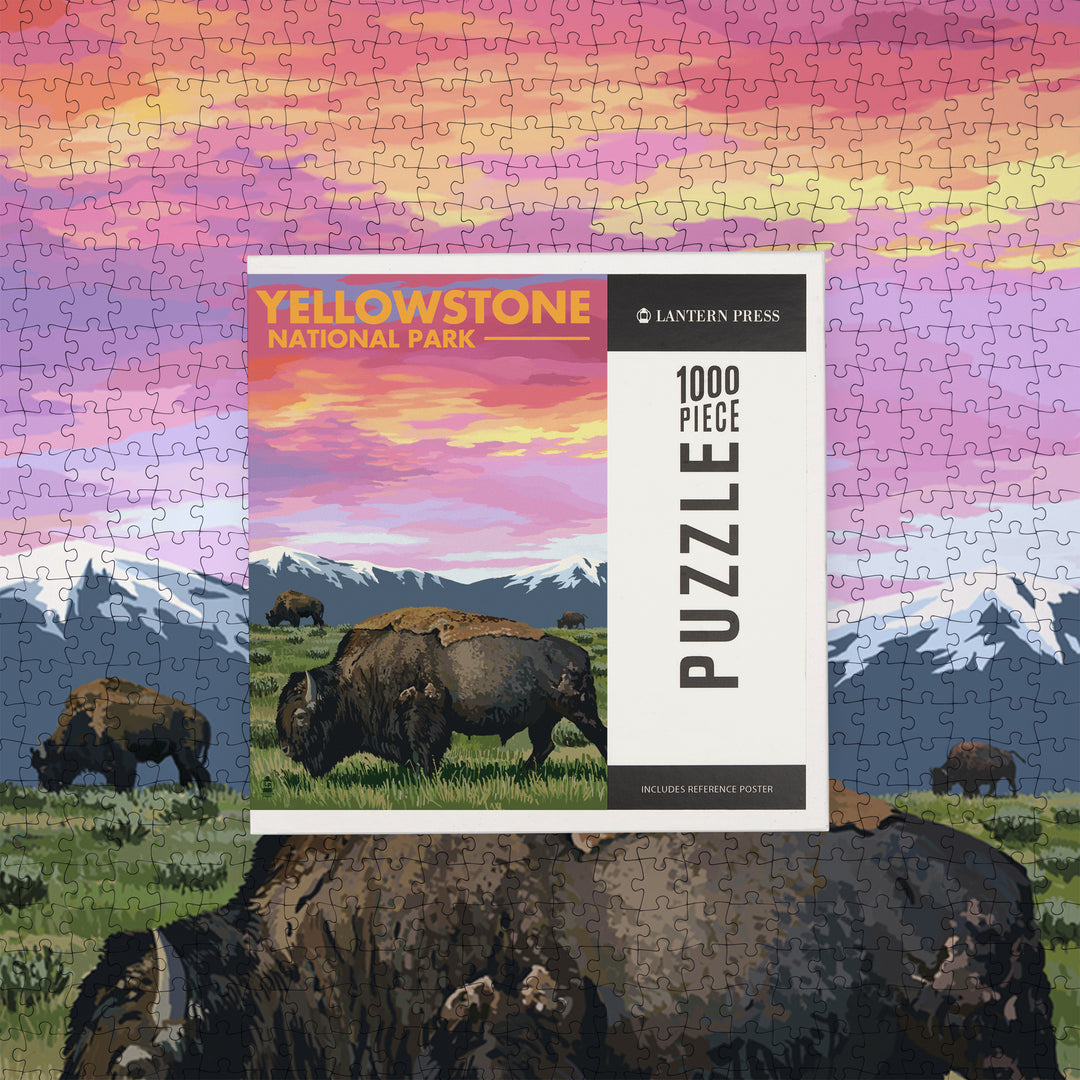 Yellowstone National Park, Bison and Sunset, Jigsaw Puzzle Puzzle Lantern Press