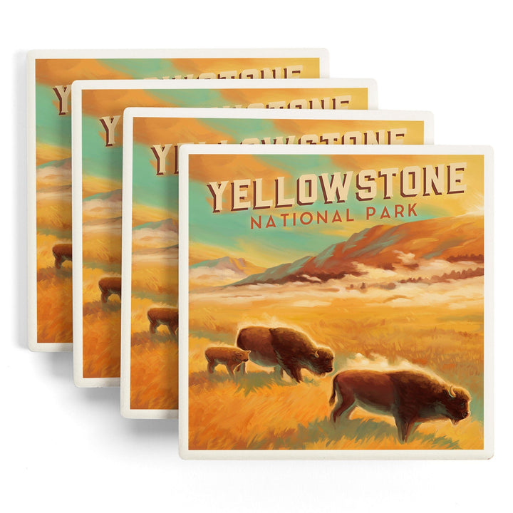 Yellowstone National Park, Bison Family, Oil Painting, Coasters Coasters Lantern Press
