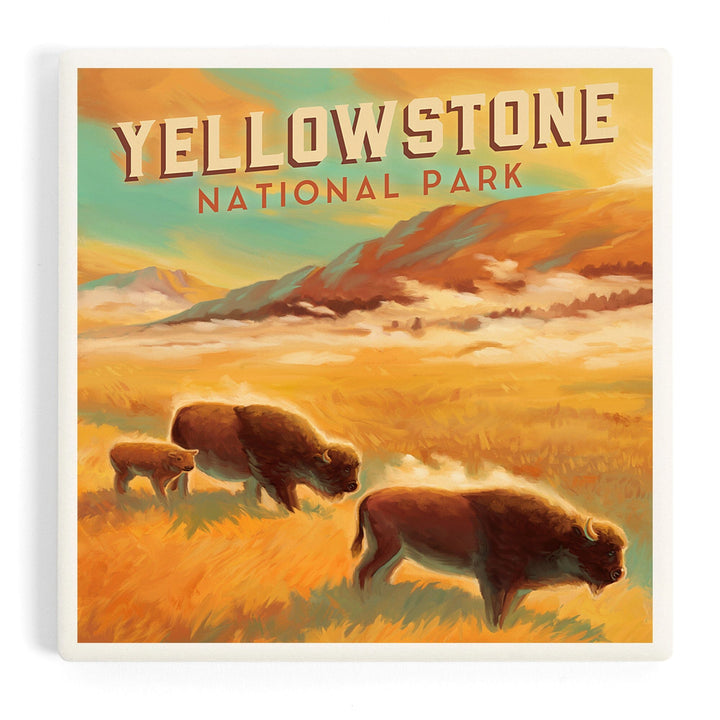 Yellowstone National Park, Bison Family, Oil Painting, Coasters Coasters Lantern Press Coaster